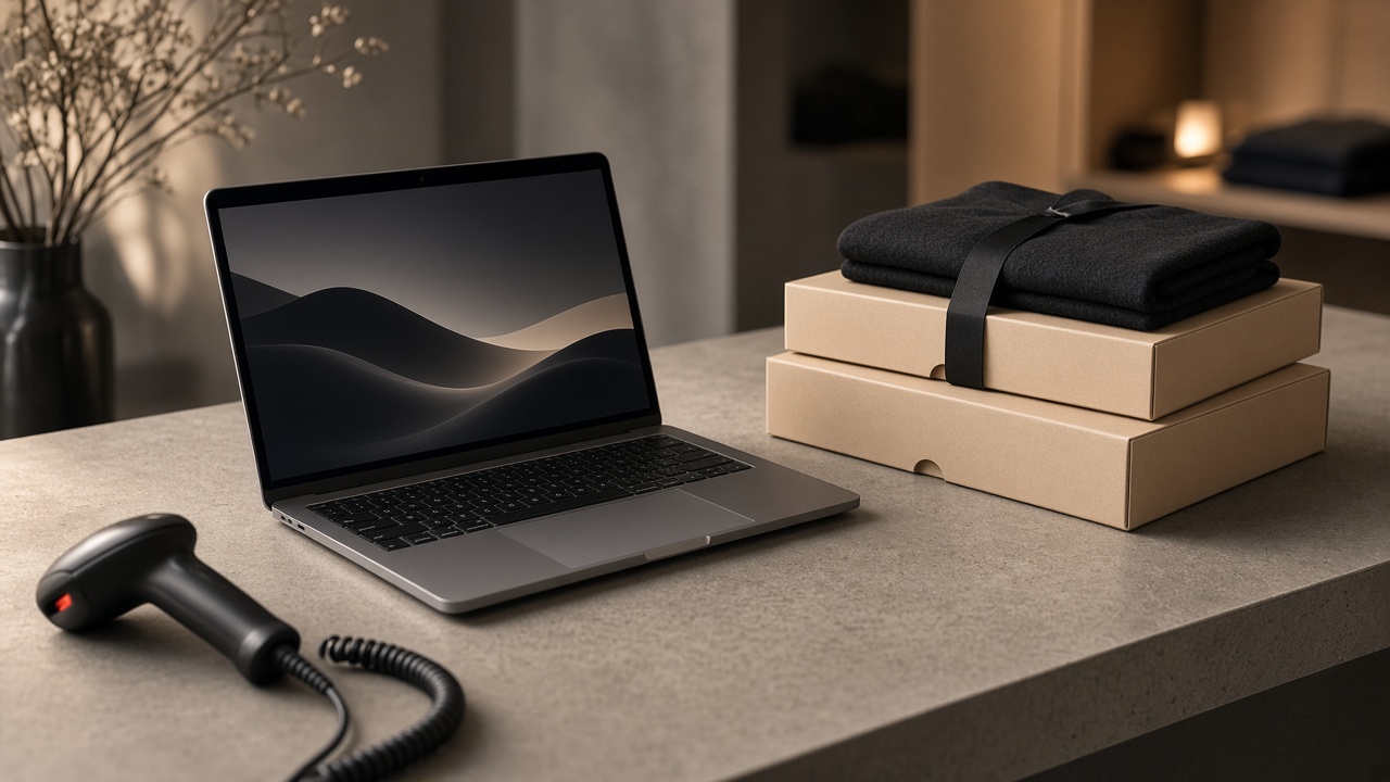 Luxury apparel e-commerce fulfillment studio with laptop and barcode scanner