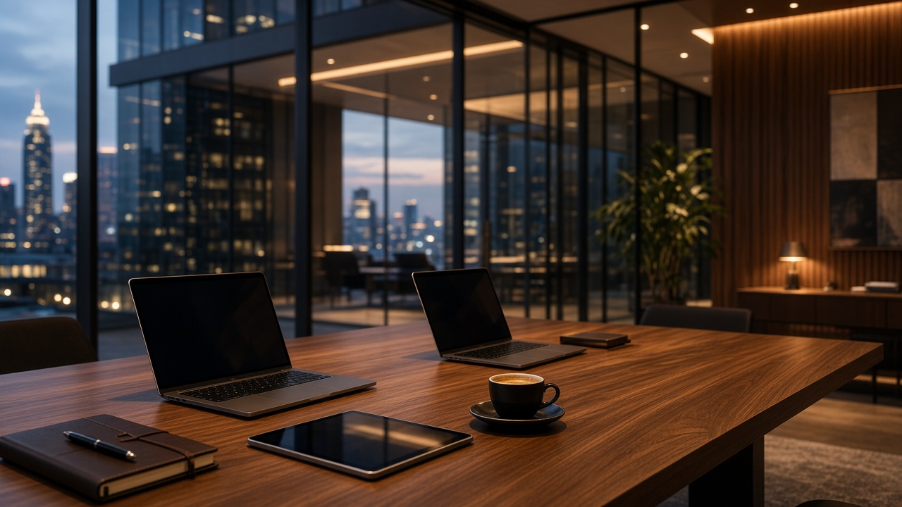 Executive boardroom reviewing 3-year software TCO and custom web application architecture